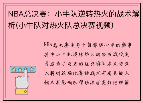 NBA总决赛：小牛队逆转热火的战术解析(小牛队对热火队总决赛视频)