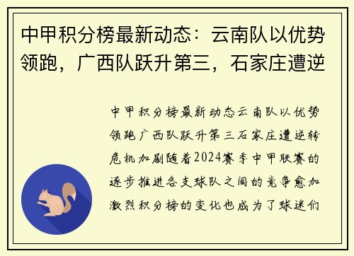 中甲积分榜最新动态：云南队以优势领跑，广西队跃升第三，石家庄遭逆转危机加剧