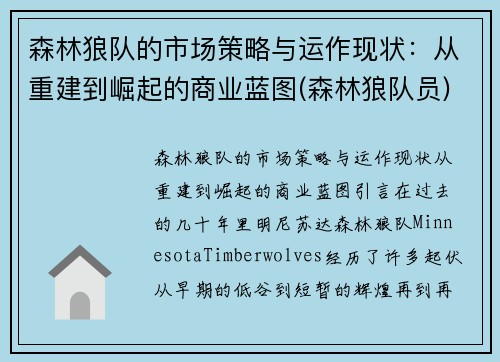 森林狼队的市场策略与运作现状：从重建到崛起的商业蓝图(森林狼队员)